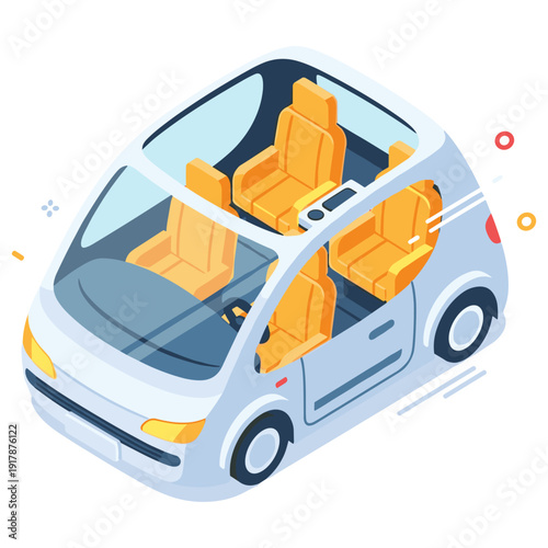 Isometric autonomous car design with transparent roof and yellow interior. No editable stroke
