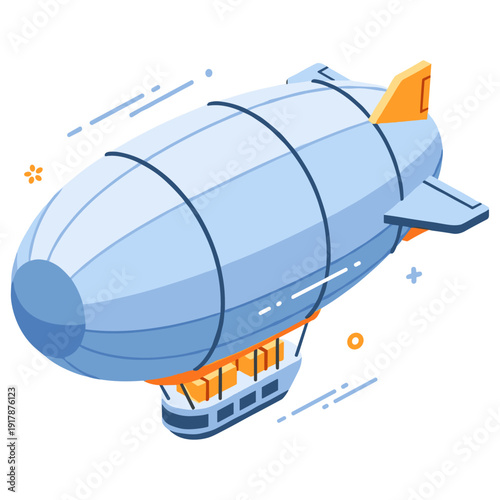 Blue airship illustration with orange accents and white background. No editable stroke