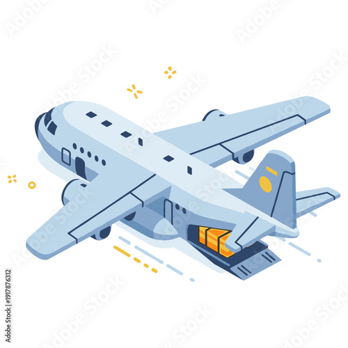 Isometric cargo plane illustration with open loading door and boxes. No editable stroke