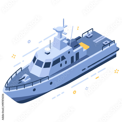 Isometric illustration of military patrol boat with radar system on white background. No editable stroke