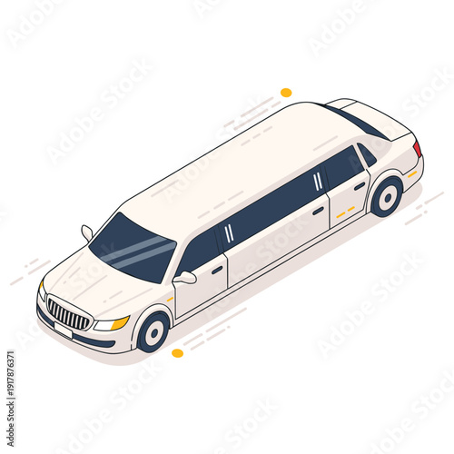 Stylish isometric white limousine vector illustration in motion. No editable stroke