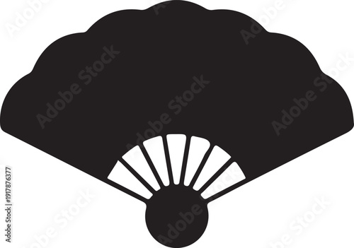 Japanese Folding Fan Silhouette Icon, Black silhouette of a traditional Japanese folding fan, symbolizing Asian culture, elegance, performance art, and decorative design themes.