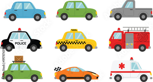 Colorful cartoon illustration of nine vehicles including sedan, pickup truck, police car, taxi, fire truck, sports car, ambulance, and family car