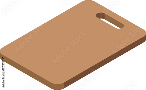 Isometric view of a brown rectangular cutting board with a hole for hanging, isolated on white background