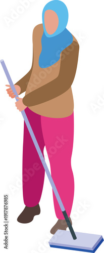 Cleaning lady wearing hijab is washing floor with mop