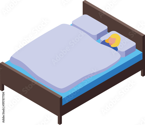 Woman sleeping peacefully in bed, enjoying a restful night's sleep under a cozy blanket, depicted in an isometric view
