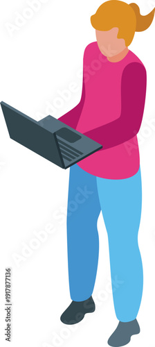 Young woman standing up using laptop, working remotely isometric view