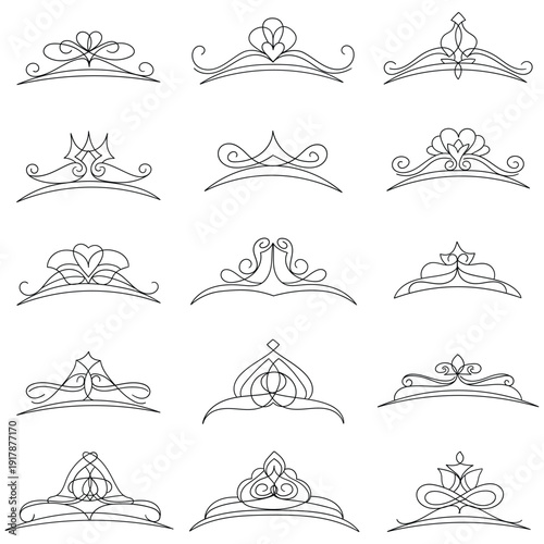 Hand-drawn doodle set of princess crowns on a white background.