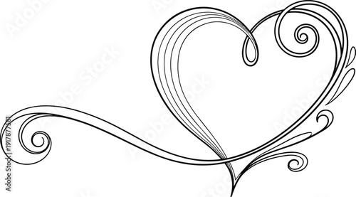 Elegant decorative heart silhouette with swirling lines and flourishes, symbolizing love, romance, affection, passion, and artistic design for greeting cards and graphic art