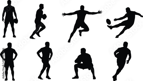 Eight rugby player silhouettes in dynamic action poses, including running, kicking, jumping, and ball handling, showcasing athletic stances for sports, training, and promotional design use