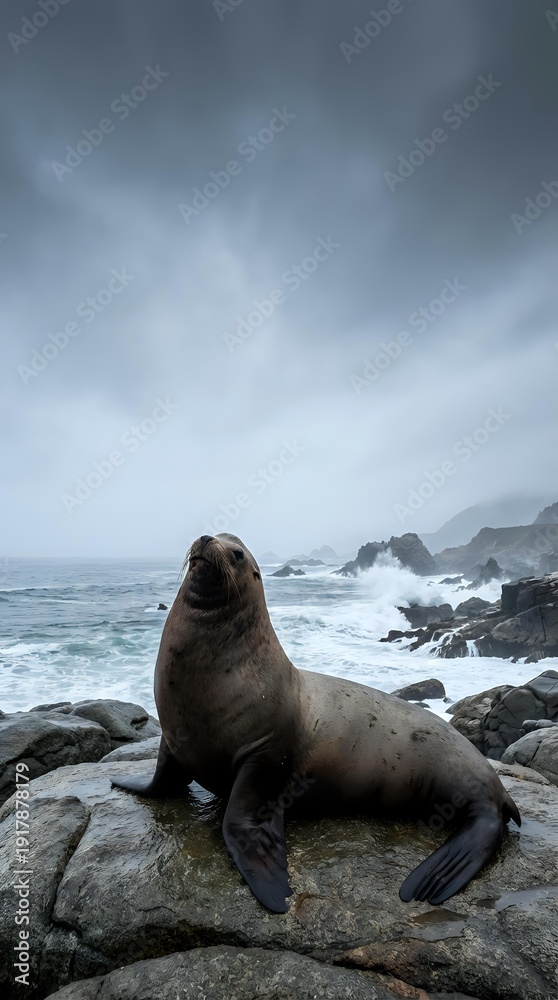 Naklejka premium Sea lion resting on rocky coastline with dramatic stormy sky and crashing waves in moody seascape for wildlife and nature themes.