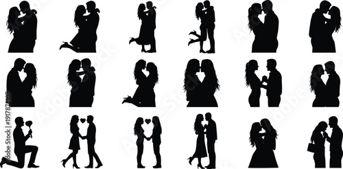 Romantic couple silhouette collection showing love, proposal, embrace and relationship moments isolated on white background for Valentine concept design set