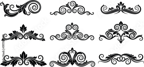 Vintage ornamental flourish divider set with elegant floral scroll elements isolated on white background for decorative frame and border design
