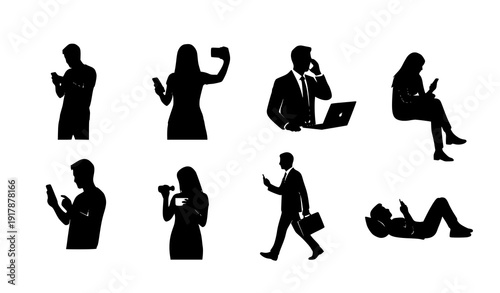 Mobile Phone User Silhouette Icons Set with People Texting Calling and Taking Selfies Vector Collection