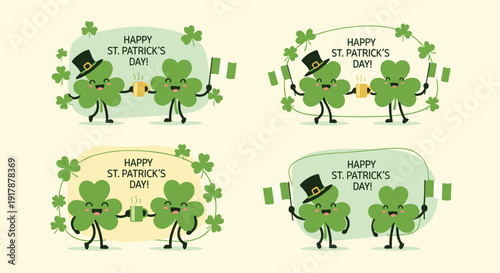 Four distinct frames feature cute cartoon shamrock characters celebrating st patricks day with flags and beer on a cream background.