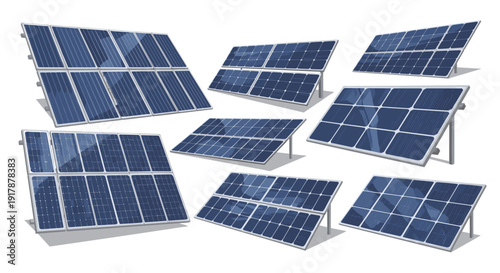 Various blue solar panel arrays shown from different angles and in groups for renewable energy and sustainable power generation.