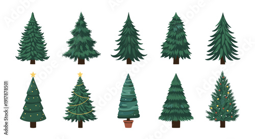 Collection of stylized evergreen pine and christmas trees in various designs including decorated and minimalist options for holidays.