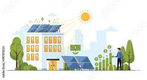 Sustainable building with rooftop solar panels illustrates energy savings and financial growth through renewable electricity sources.