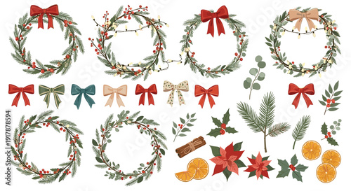 Extensive set of christmas floral elements including wreaths pine branches red bows and cinnamon sticks for festive holiday design.