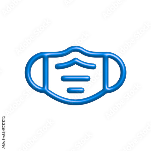Blue Medical Face Mask Outline Icon 3D Glossy Style.