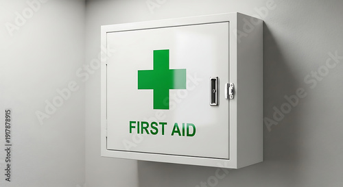 First aid box mounted on a white wall