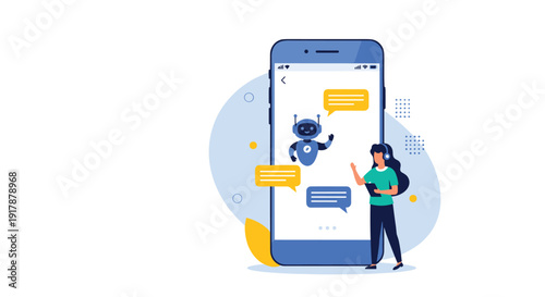 Illustration of a female support agent using a smartphone app to chat with a robot helper for mobile customer assistance service.
