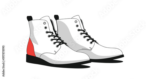 Pair of white lace up boots with high tops and a contrasting red heel detail represents modern urban footwear and street fashion.