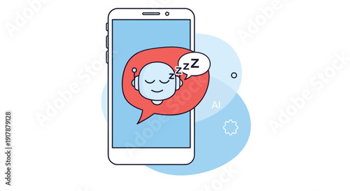 Sleeping robot avatar with zzz symbols shown on a smartphone screen represents a chatbot in standby mode or offline status period.