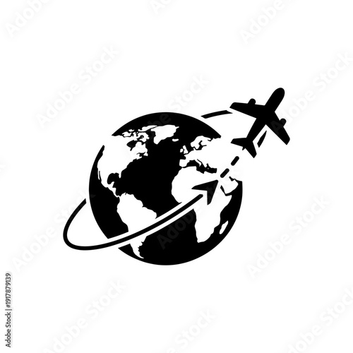 A black silhouette of an airplane flying around a globe representing world travel silhouette