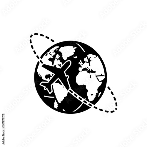 A black globe with an airplane and dotted path travel concept silhouette