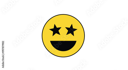 Bright yellow smiley face icon with two black stars for eyes and a wide grin represents excitement and celebrity status concepts.