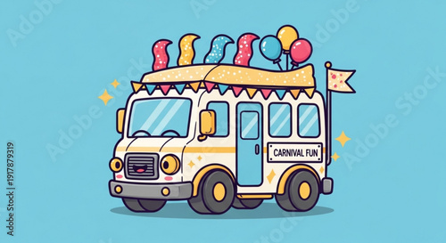 Colorful Carnival Fun Bus with Balloons on Roof, Isolated on Blue Background, Cartoon Style