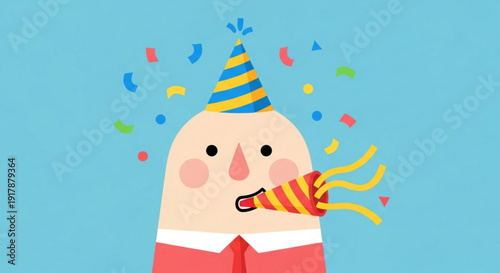 Happy Finger Character Celebrating with Party Hat and Confetti on Blue Background