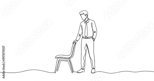 Caucasian male adult contemplating chair in minimalist line art illustration. No editable stroke