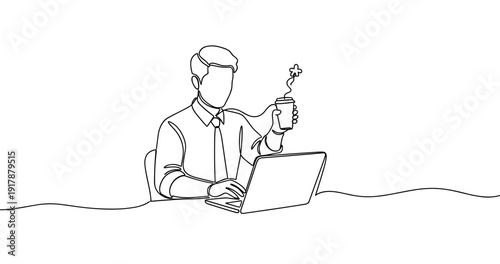 Male adult caucasian businessman working on laptop with coffee in hand line art. No editable stroke
