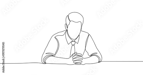 Minimalist continuous line art of person sitting at a desk. No editable stroke