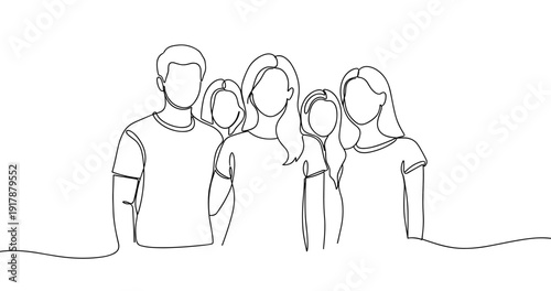 Line art of diverse group of people standing together in casual outfits. No editable stroke