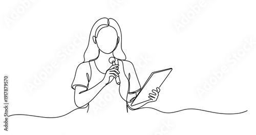 Line art of female speaker holding tablet and microphone. No editable stroke