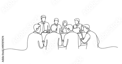 Diverse team collaborating around conference table in business meeting. No editable stroke