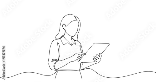 Female caucasian adult using tablet in minimal line art illustration. No editable stroke