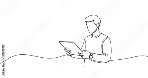 Line art of caucasian male adult using tablet in minimalist design. No editable stroke