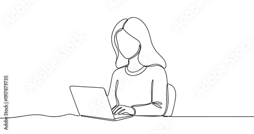 Line art of caucasian female working on laptop in minimalist style. No editable stroke
