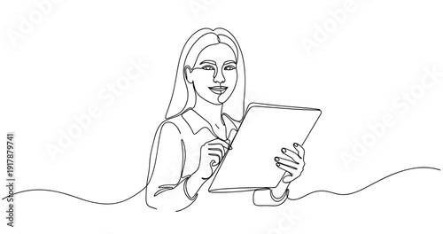 Continuous line drawing of young caucasian female with tablet. No editable stroke