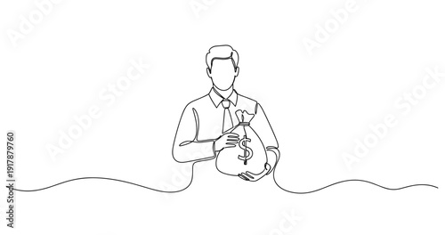 Line art of businessman holding money bag. No editable stroke