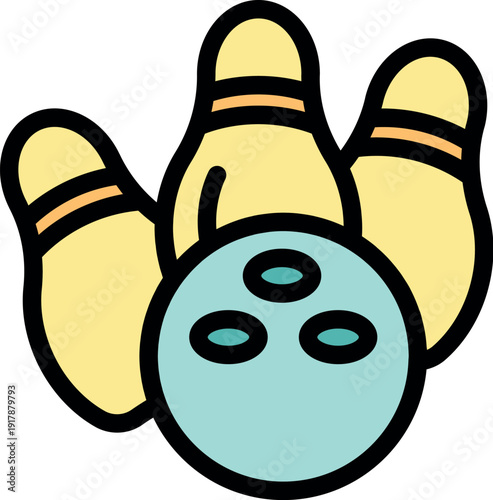 Bowling ball about to hit bowling pins, knocking them down for a strike in a bowling game