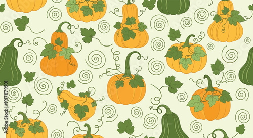Vibrant seamless pattern of different pumpkins squashes and green leaves represents the abundance of a successful autumn harvest.