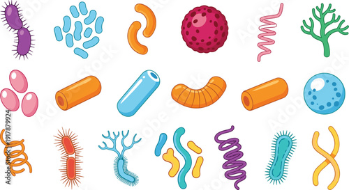 Colorful Microorganisms and Bacteria Vector Icon Set with Germs, Viruses, Cells, and Microbiology Science Illustration Elements