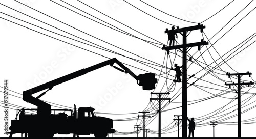 Silhouette illustration of utility workers repairing power lines with boom lift truck, teamwork safety coordination 