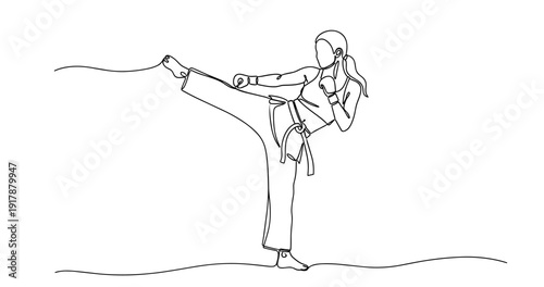 Female asian adult in karate pose - continuous line art. No editable stroke