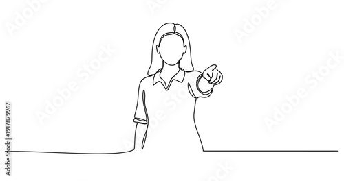 Continuous line art of female pointing forward with confident gesture. No editable stroke